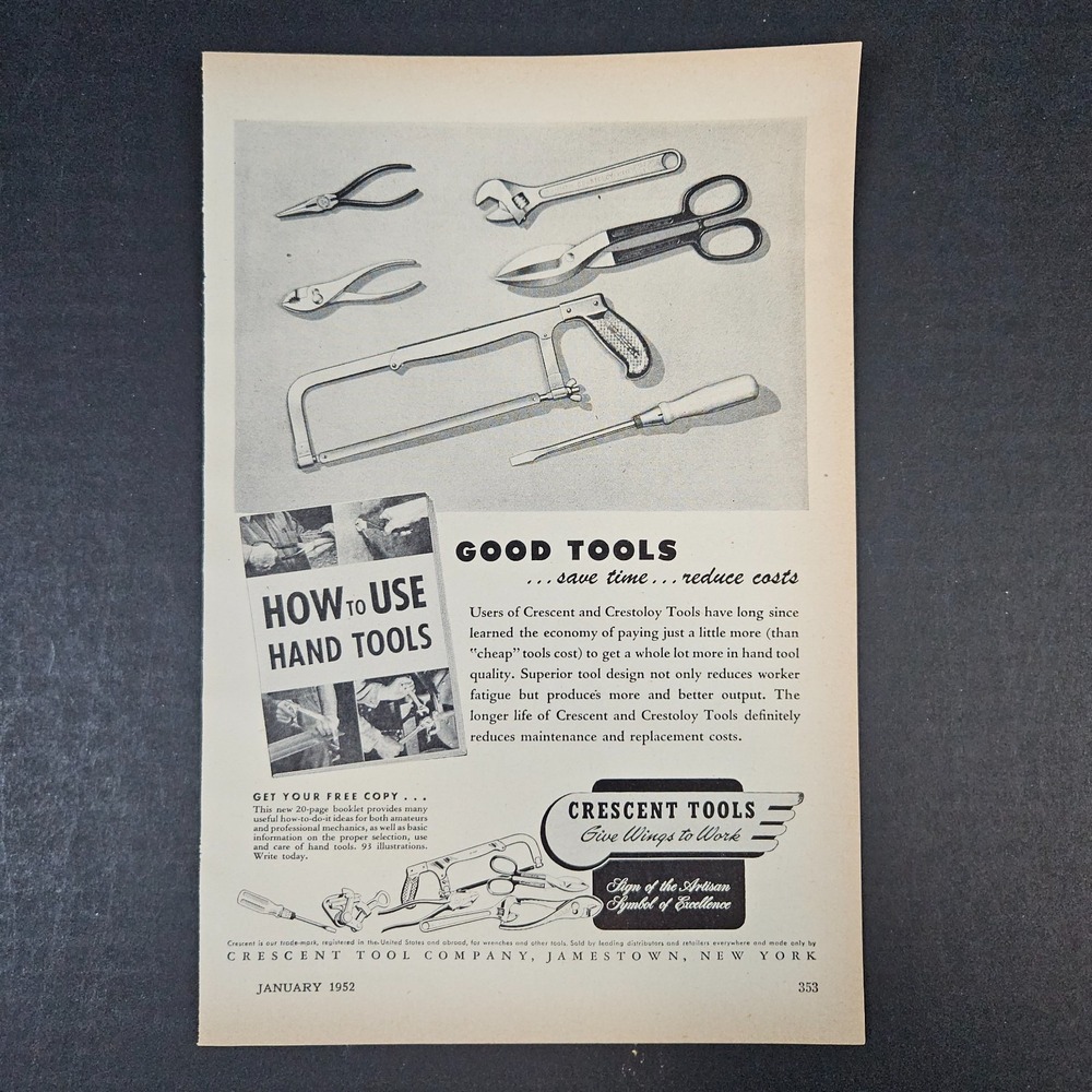 1952 Crescent Tool Company Vintage Print Ad Jamestown NY Give Wings To Work Shop
